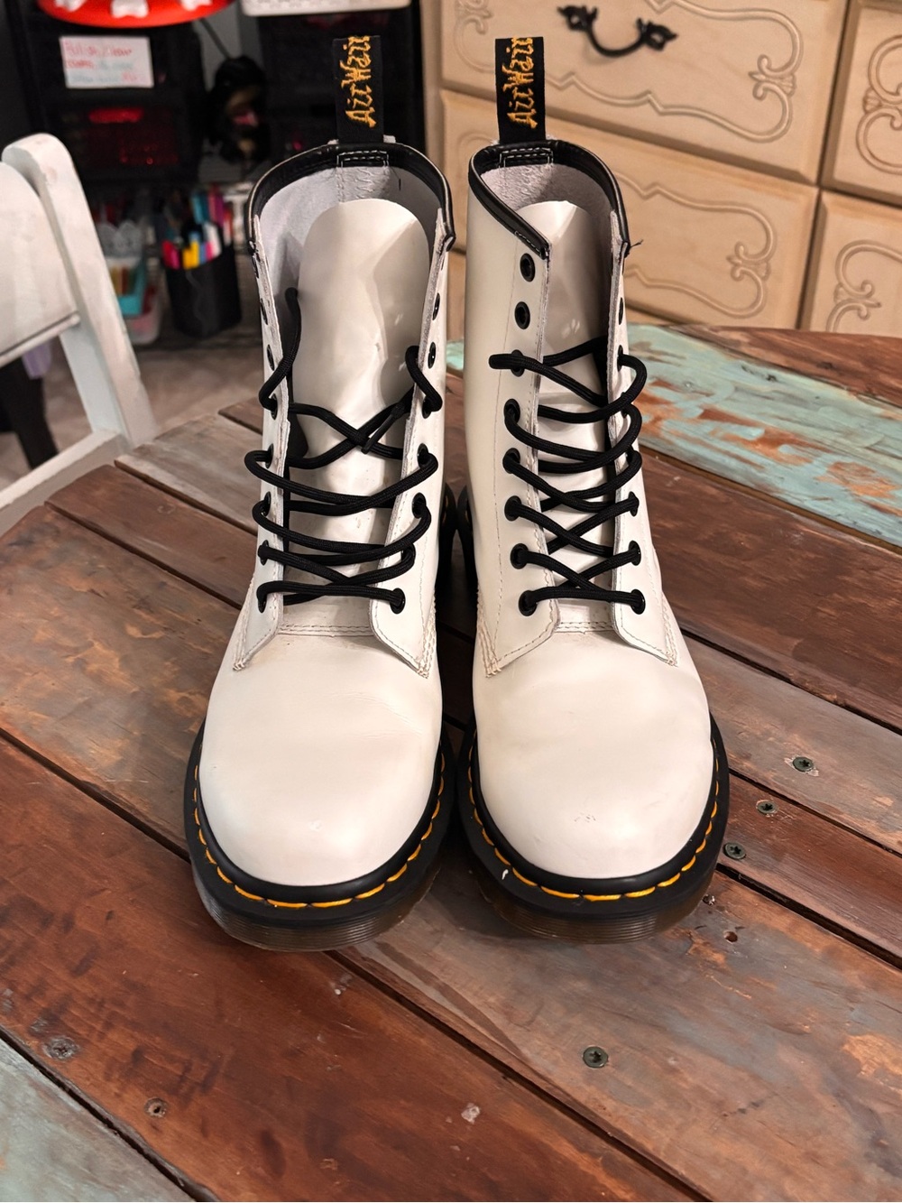 Dr. Martens White Leather Lace-Up Combat Boots with Black Laces